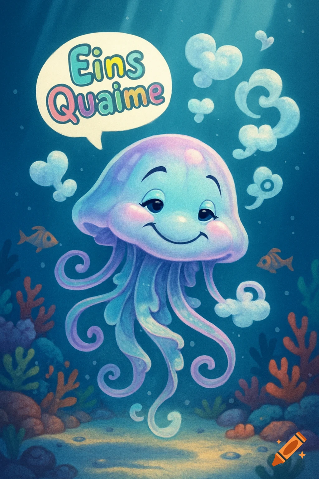 A smiling purple and blue cartoon jellyfish in a speech bubble reads "Eins Quaime" in a colorful underwater scene.