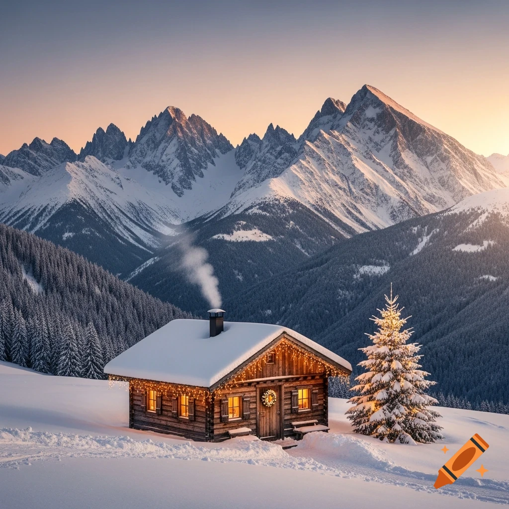 Cozy snow-covered wooden cabin with Christmas lights and smoke from chimney, nestled in a winter mountain landscape at sunset.