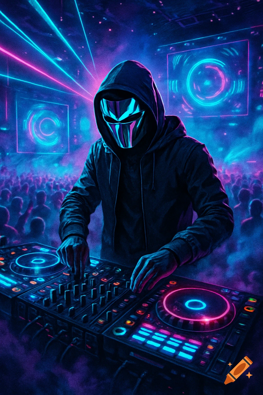 A masked DJ in a hoodie mixing music on glowing equipment in a neon-lit, futuristic club with a crowd.