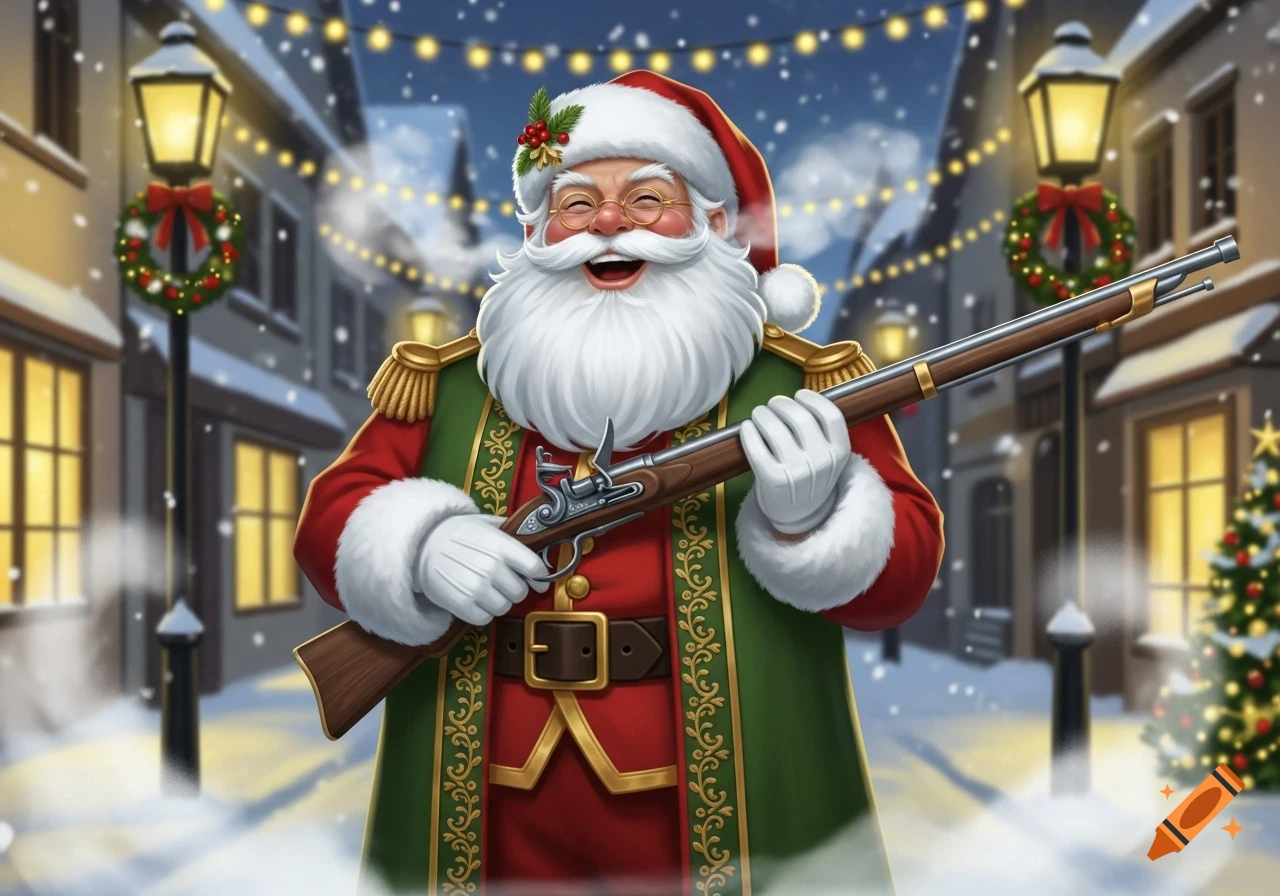 Smiling Santa Claus in a festive green and red outfit, holding a flintlock rifle on a snowy Christmas street at night, illustration.