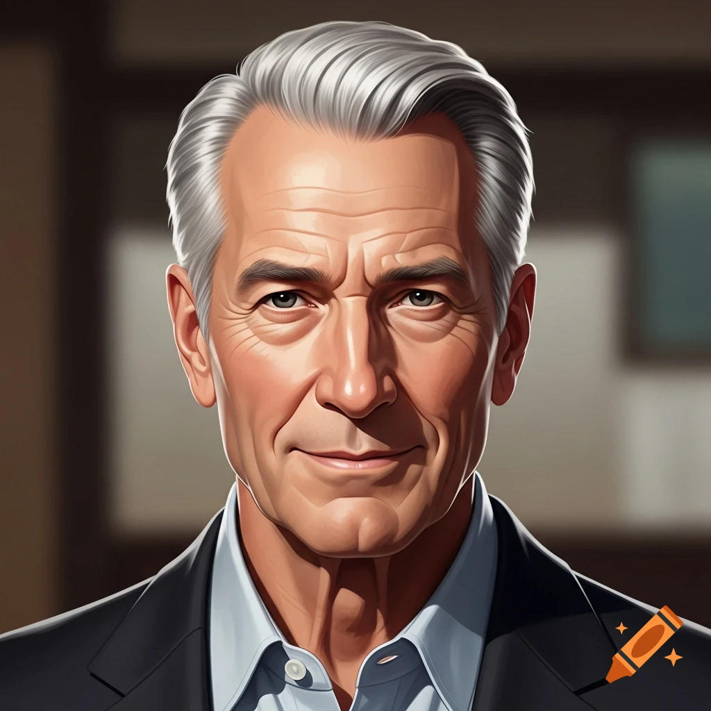A photorealistic portrait of an elderly man with grey hair, wearing a suit jacket and light blue shirt, looking directly forward.