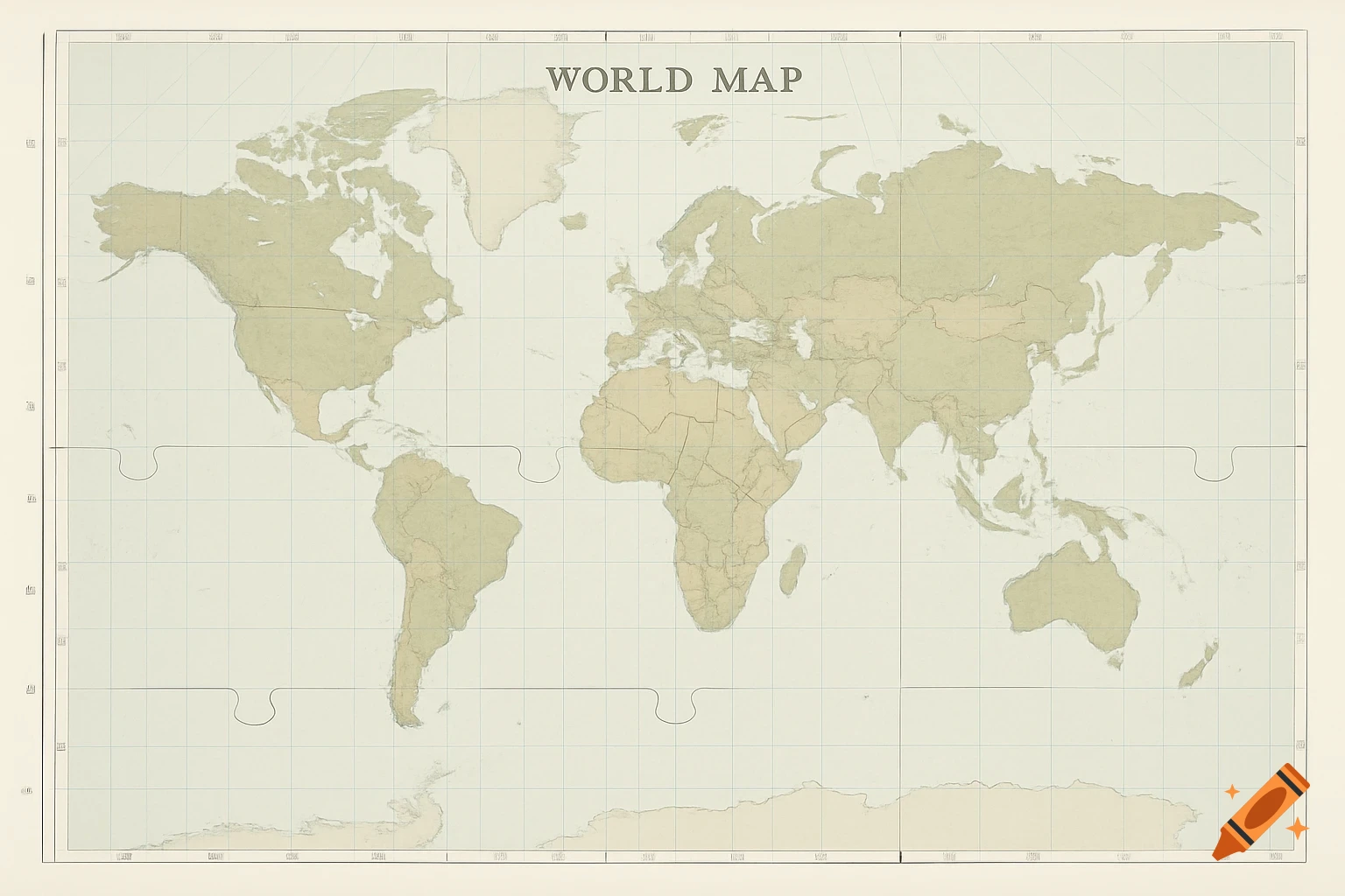 A highly detailed, minimalist world map with subtle colors, featuring puzzle-style edges for assembly.