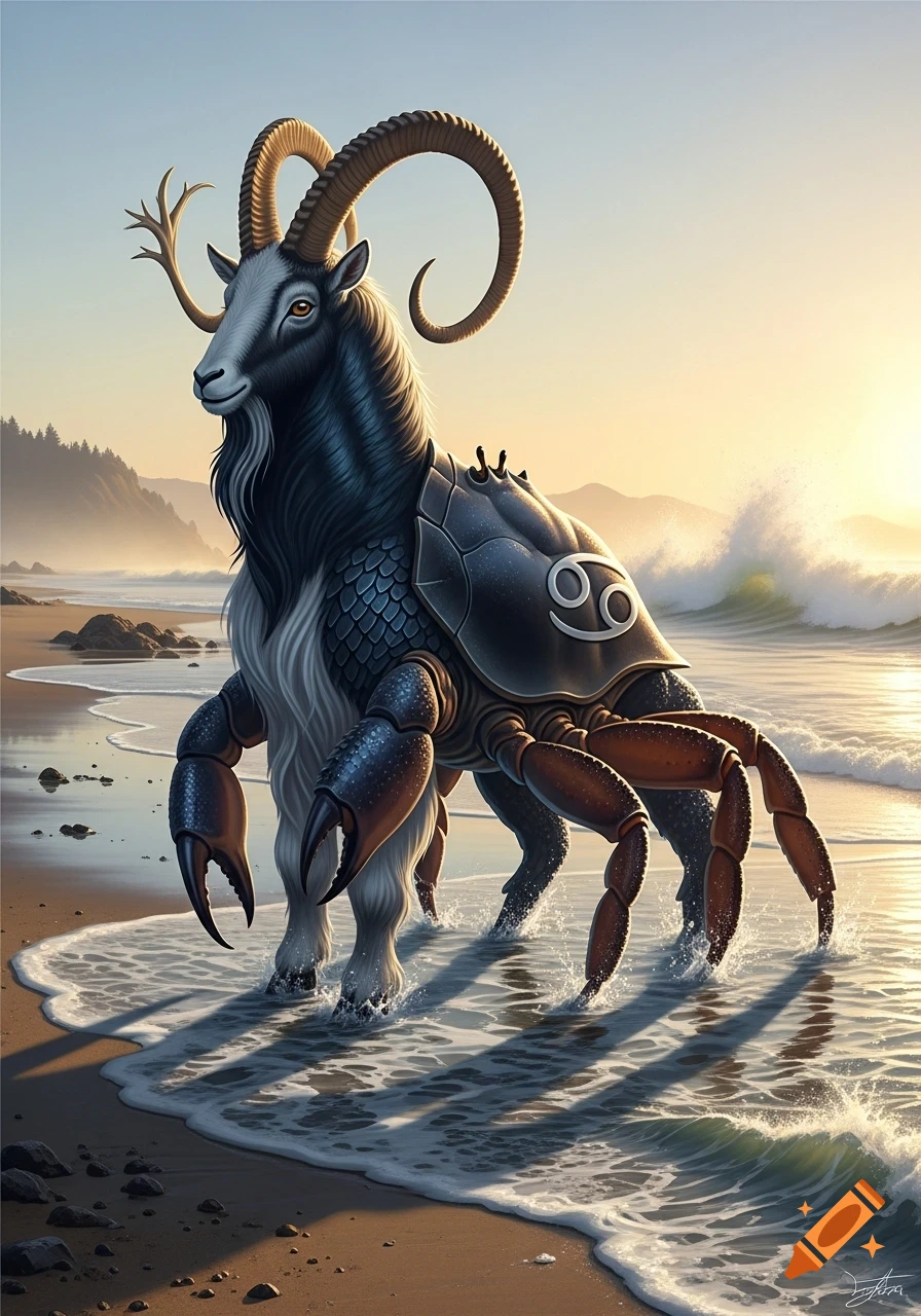 A majestic goat-crab hybrid with large horns and crab claws stands in ocean waves on a sunny beach, with a Cancer zodiac symbol on its shell.