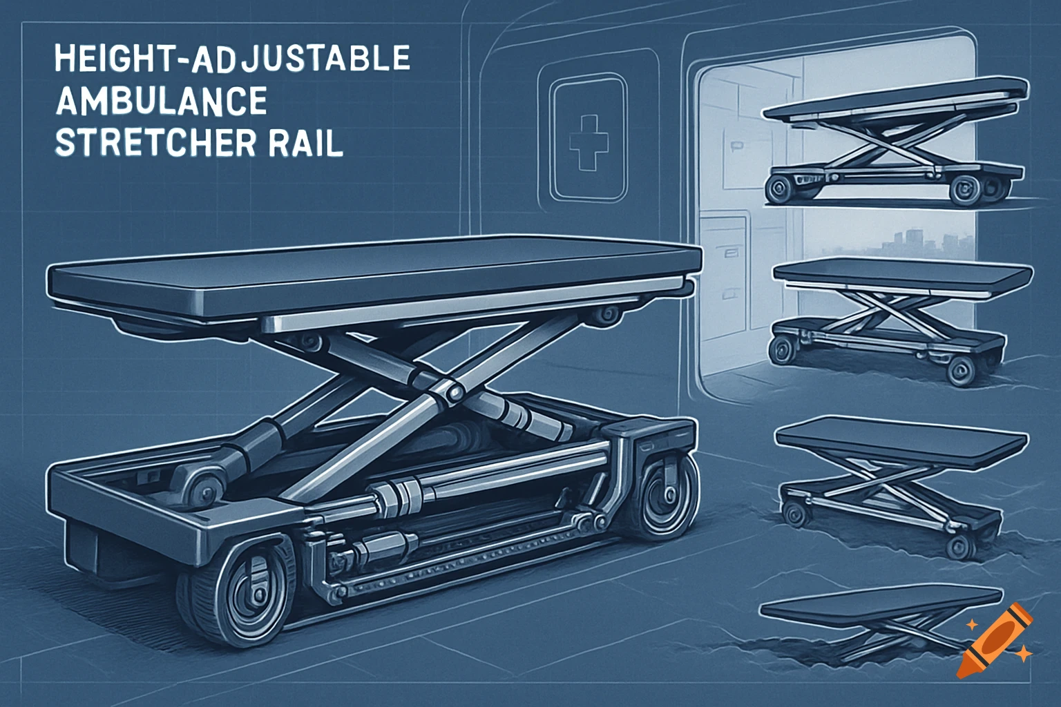 Blueprint illustration of a height-adjustable ambulance stretcher rail mechanism with multiple views.