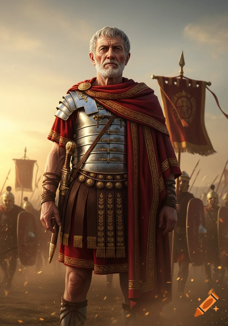 An old Roman general in full armor and a red cloak stands on a dusty battlefield, with soldiers and banners in the background.