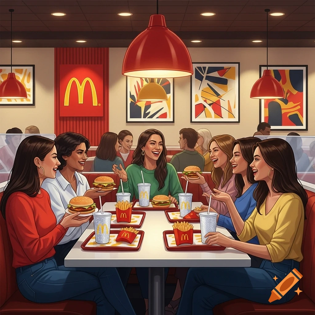 Six smiling women enjoy McDonald's burgers and fries in a vibrant cartoon restaurant.