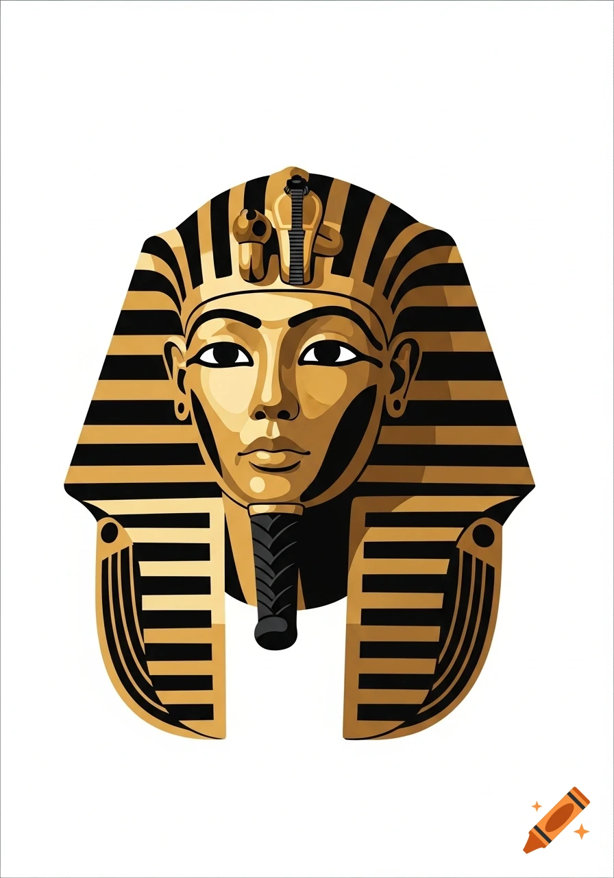 A stylized black and gold illustration of a pharaoh's mask.