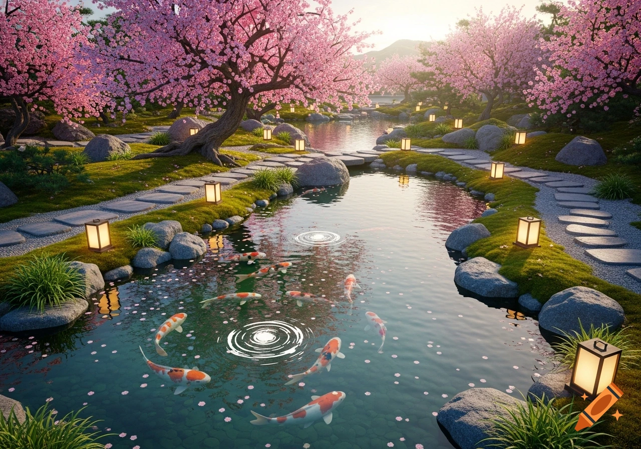 A serene Japanese garden with vibrant pink cherry blossom trees, a winding stone path, and a pond filled with colorful koi fish and floating petals.