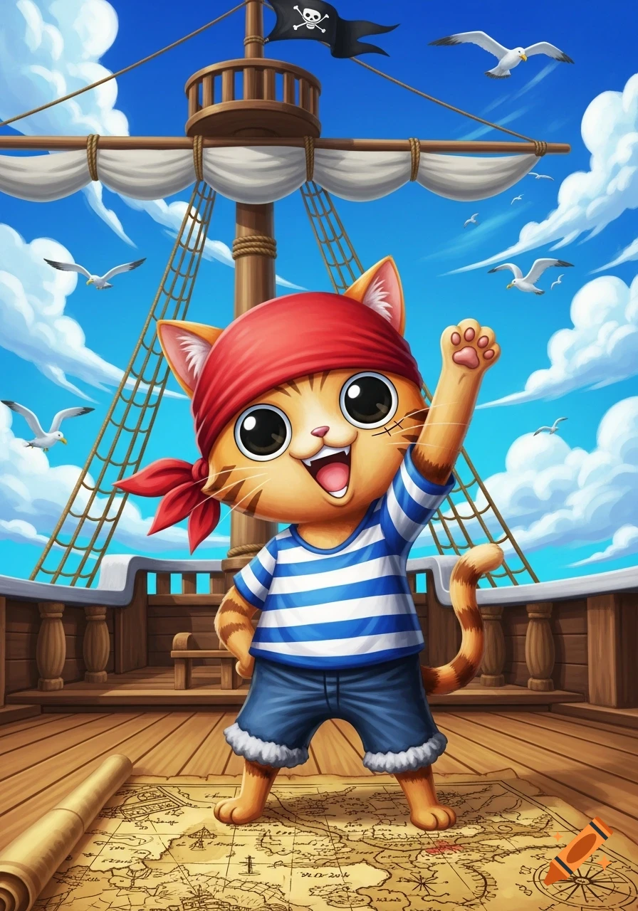 A cute cartoon ginger cat dressed as a pirate, wearing a red bandana and striped shirt, waves on a ship's deck with a treasure map, under a blue sky.
