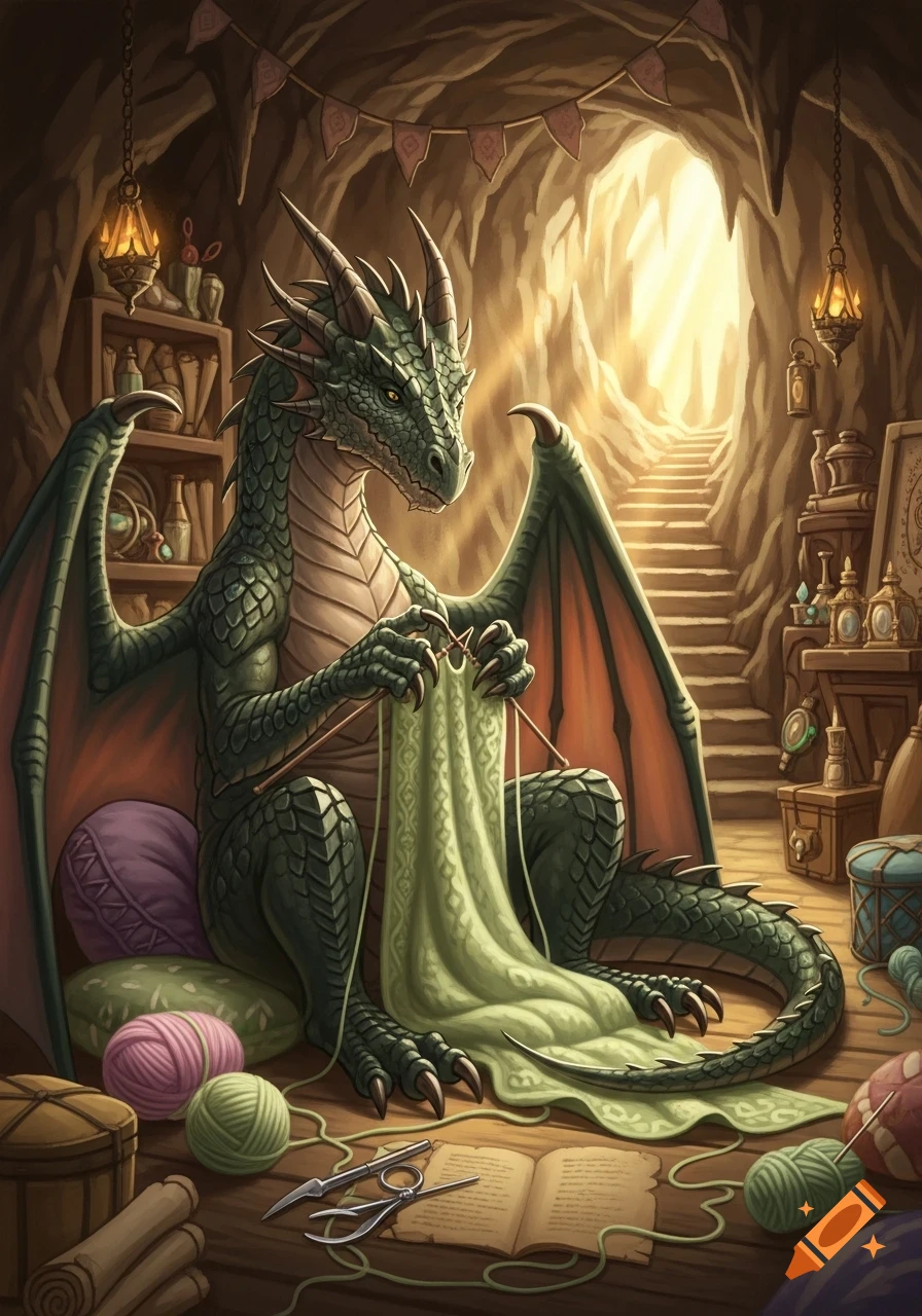 A large green dragon sits comfortably, knitting a light green blanket in a cozy, warmly lit cave filled with crafting supplies.