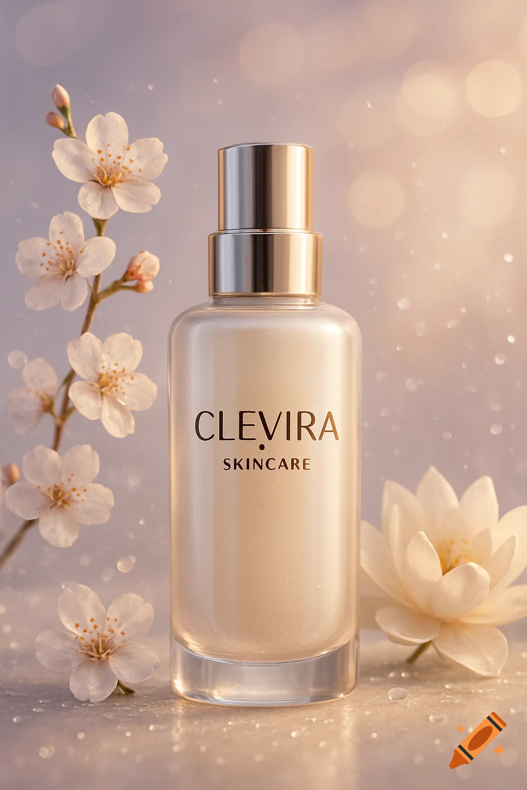 A bottle of Clevira skincare product next to white cherry blossoms and a white lotus flower with a sparkling background.
