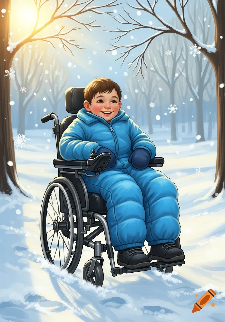 Illustration of a happy child in a wheelchair in a snowy winter forest, wearing a blue snowsuit and mittens.