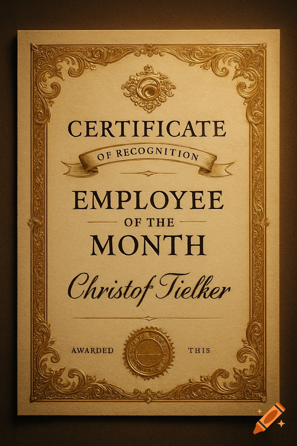 An ornate gold and beige 'Employee of the Month' certificate for Christof Tielker, with decorative borders and seals.
