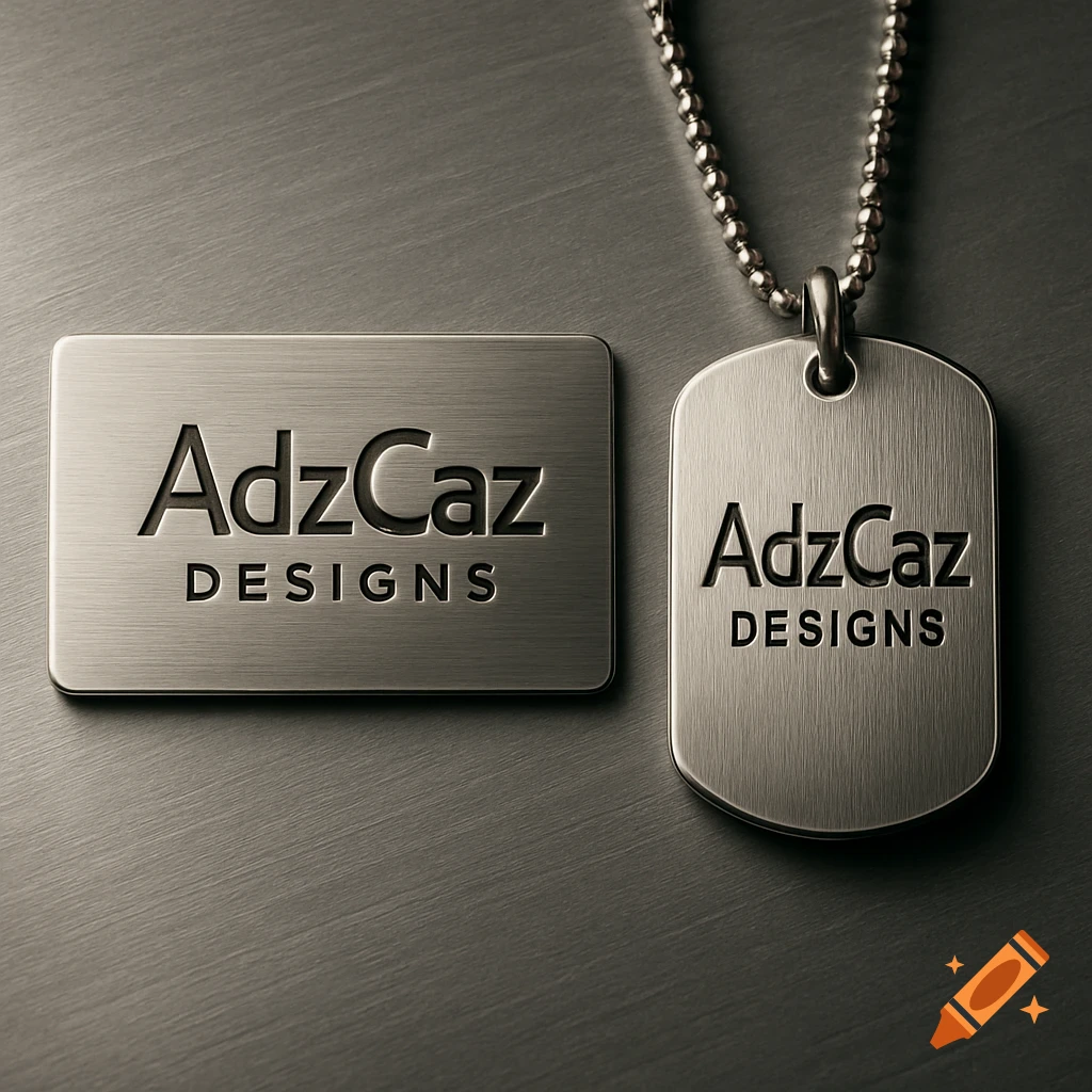 Two brushed metal tags, one rectangular and one dog tag, both engraved with the 'AdzCaz DESIGNS' logo, on a textured metal surface.