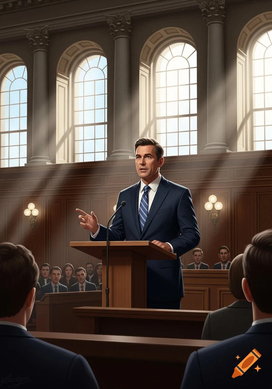 A white male politician in a suit speaks at a wooden podium in a grand hall with large arched windows, with an audience visible in the foreground and background.