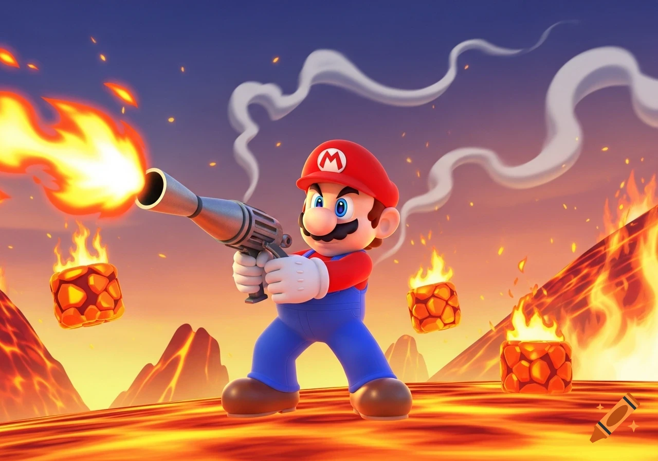 Mario holds a flamethrower, firing flames in a lava landscape with floating fire blocks, against a vibrant sky.