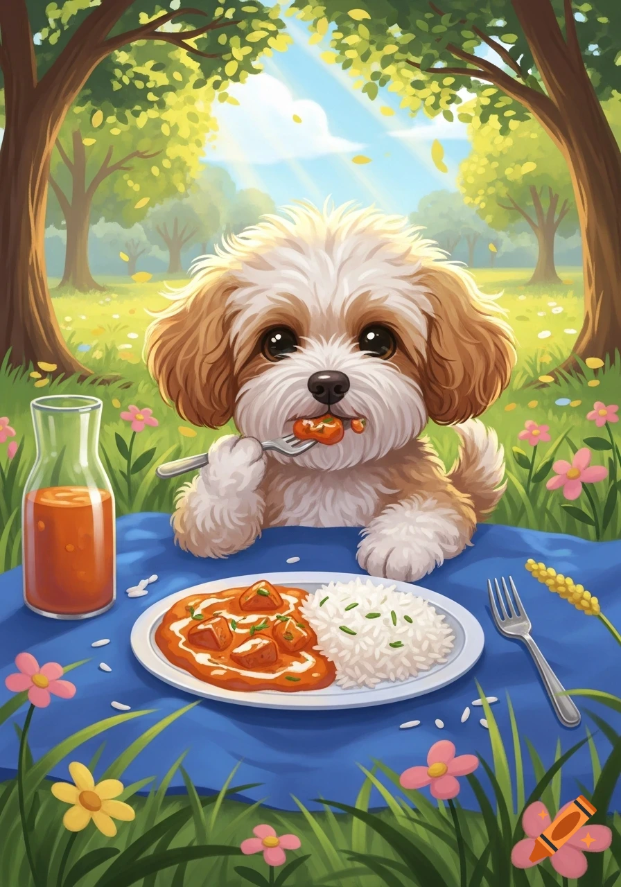 A cute curly-haired dog eats butter chicken with a fork at a picnic on a blue blanket in a sunny park.