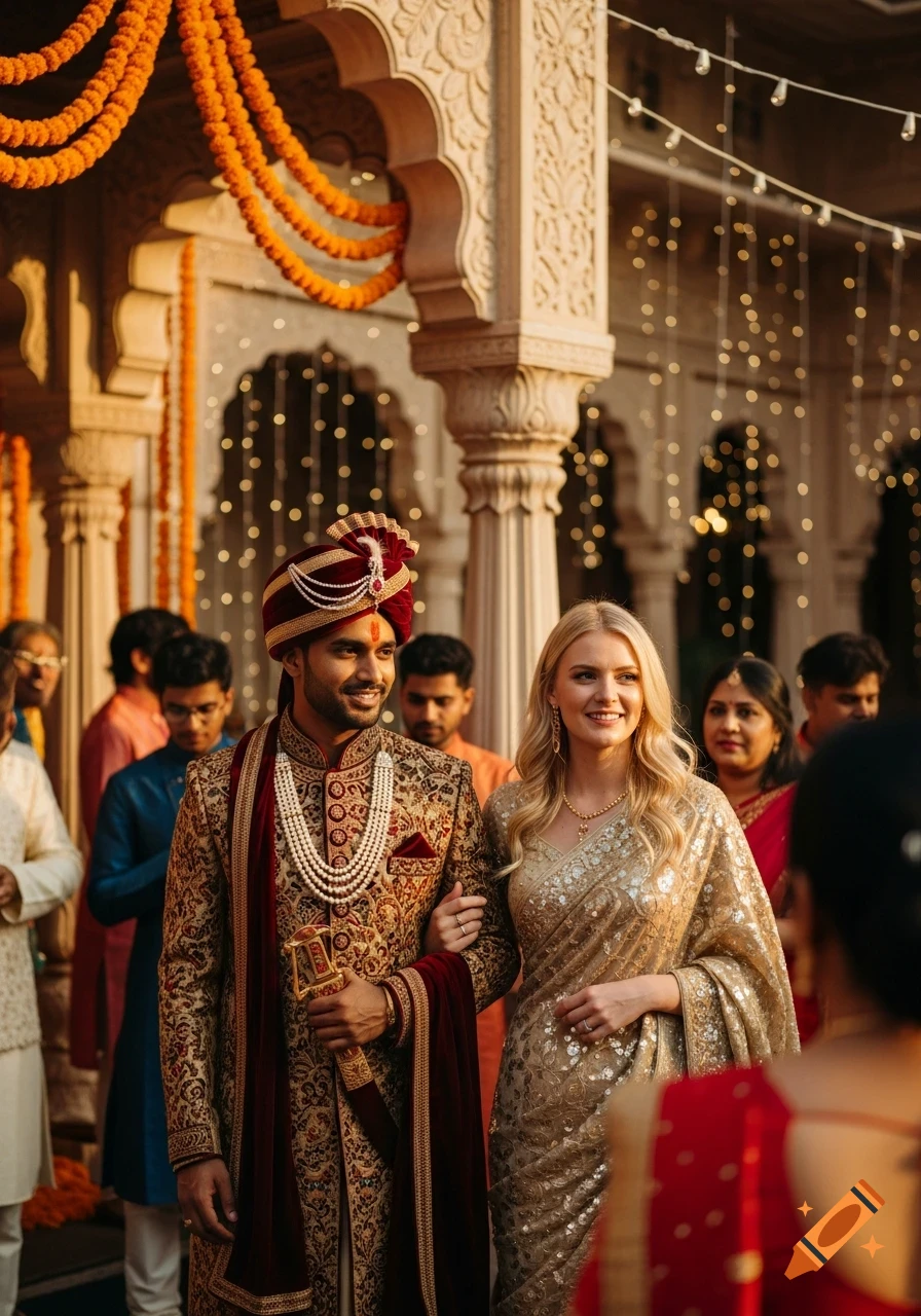 An Indian groom in traditional attire and a blonde woman in a gold sari walk arm-in-arm at a decorated wedding ceremony.