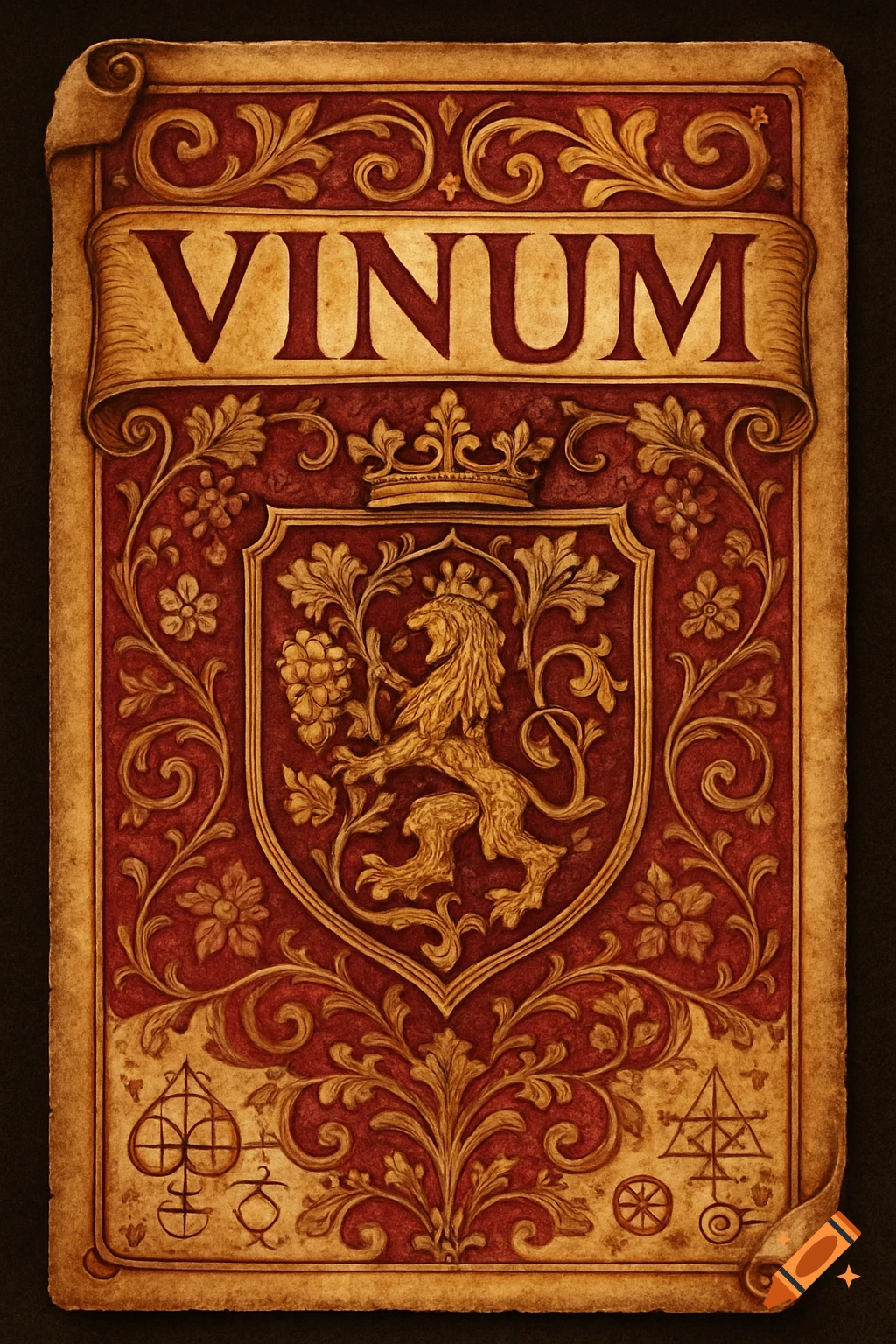 Ornate medieval-style wine label with a gold lion on a red shield, crown, and 'VINUM' text on a banner.
