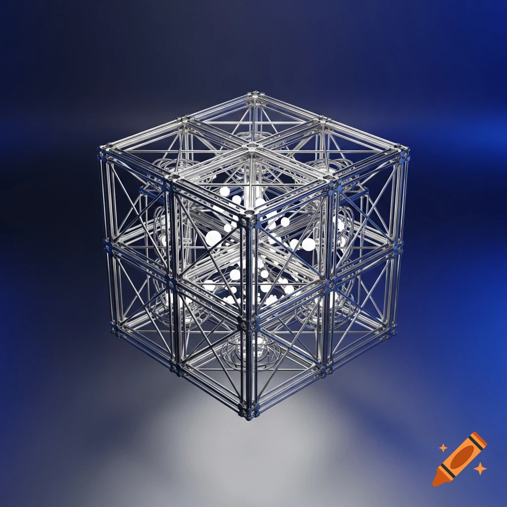 A shiny, reflective wireframe cube structure filled with glowing spheres, on a blue gradient background.