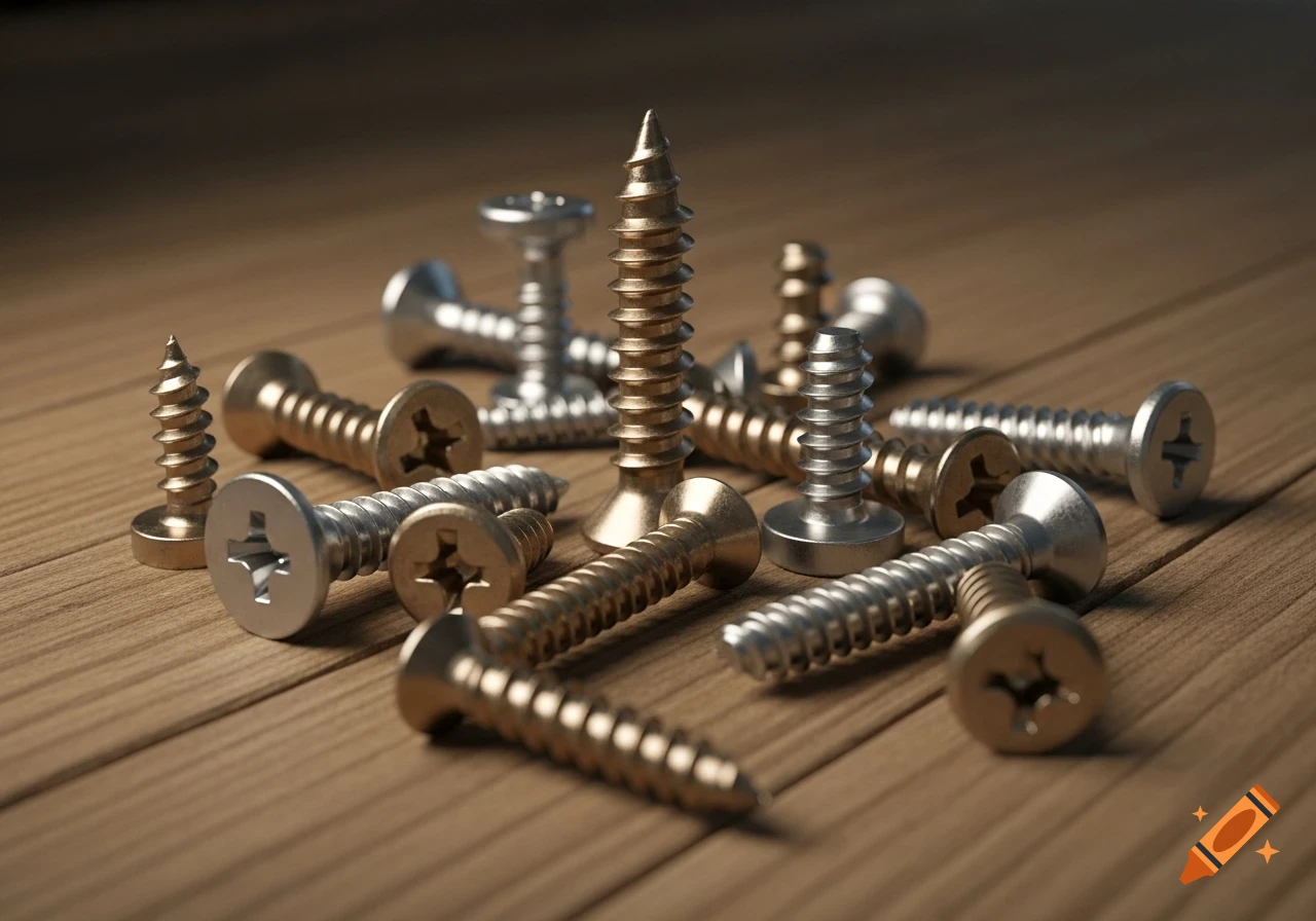A close-up of various silver and gold screws scattered on a wooden surface.