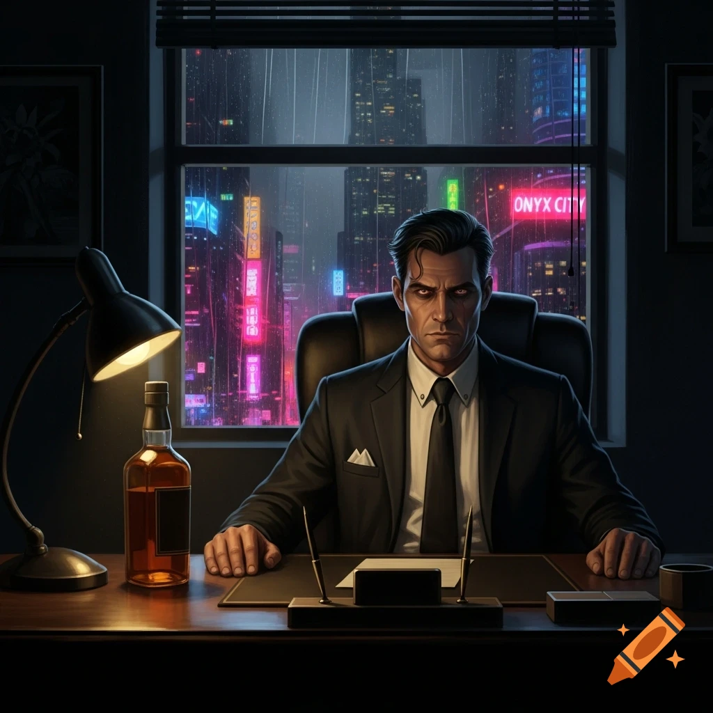 A man in a suit sits at a desk with whiskey, looking intensely, with a rainy, neon-lit cyberpunk city visible through the window.