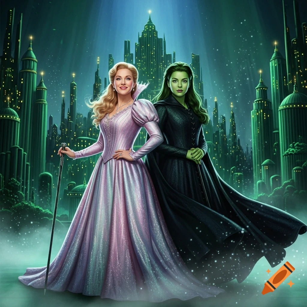 Glinda in a sparkling pink gown with a staff and Elphaba in a black dress stand against a glowing green Oz city backdrop, a fantasy illustration.