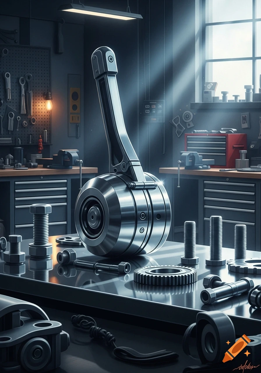 Photorealistic image of mechanical parts and tools on a workbench in a dimly lit workshop, with sunlight streaming through a window.