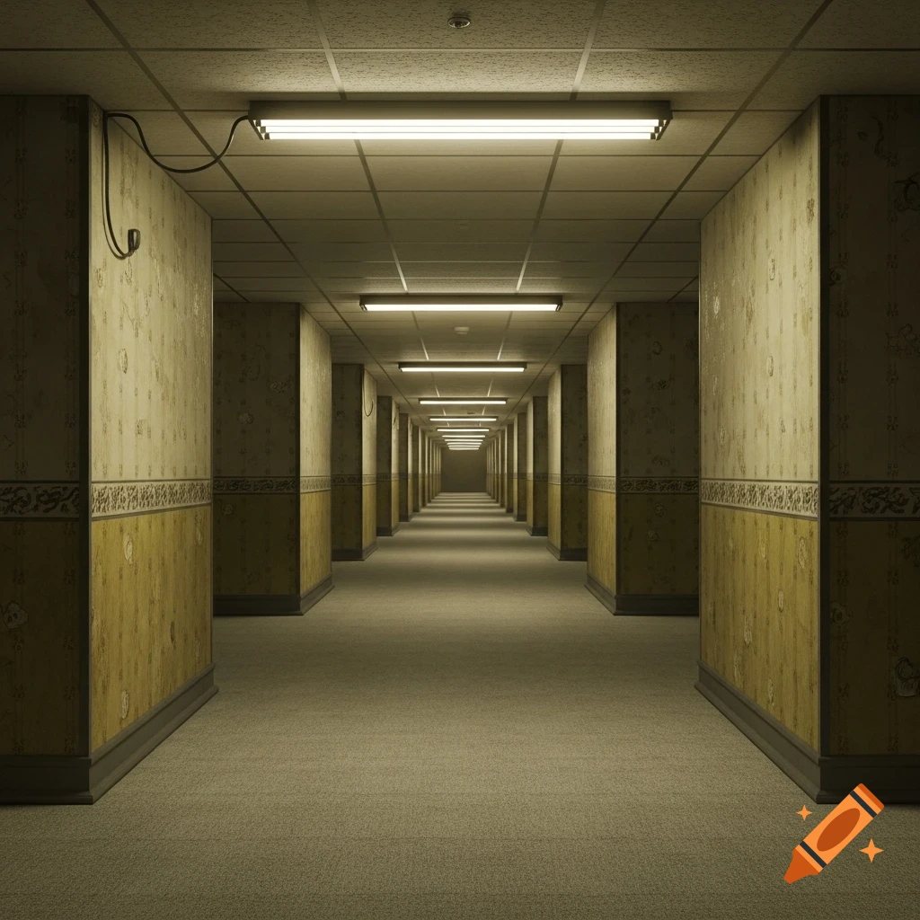 A long, seemingly endless hallway with dull yellow patterned wallpaper, beige carpet, and fluorescent lighting on the ceiling.