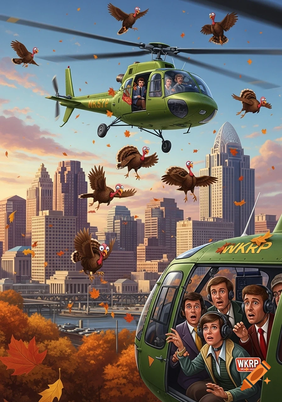 A cartoon illustration of turkeys being thrown from two green helicopters over a city skyline at sunset, with autumn leaves falling. People in the foreground helicopter look shocked.