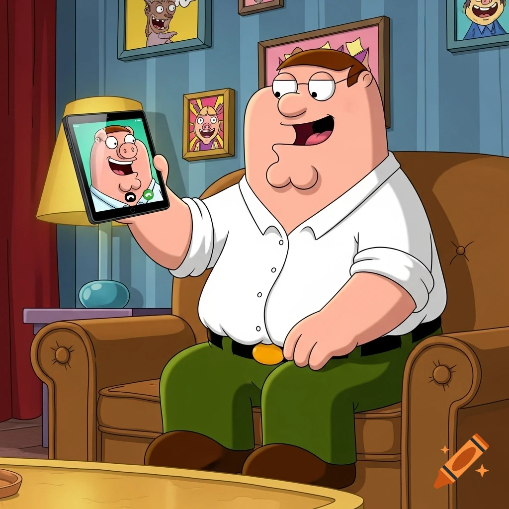 Peter Griffin from Family Guy, sitting on a couch, holds up a tablet showing a video call with a pig-like character known as John Pork. The scene is in cartoon style.