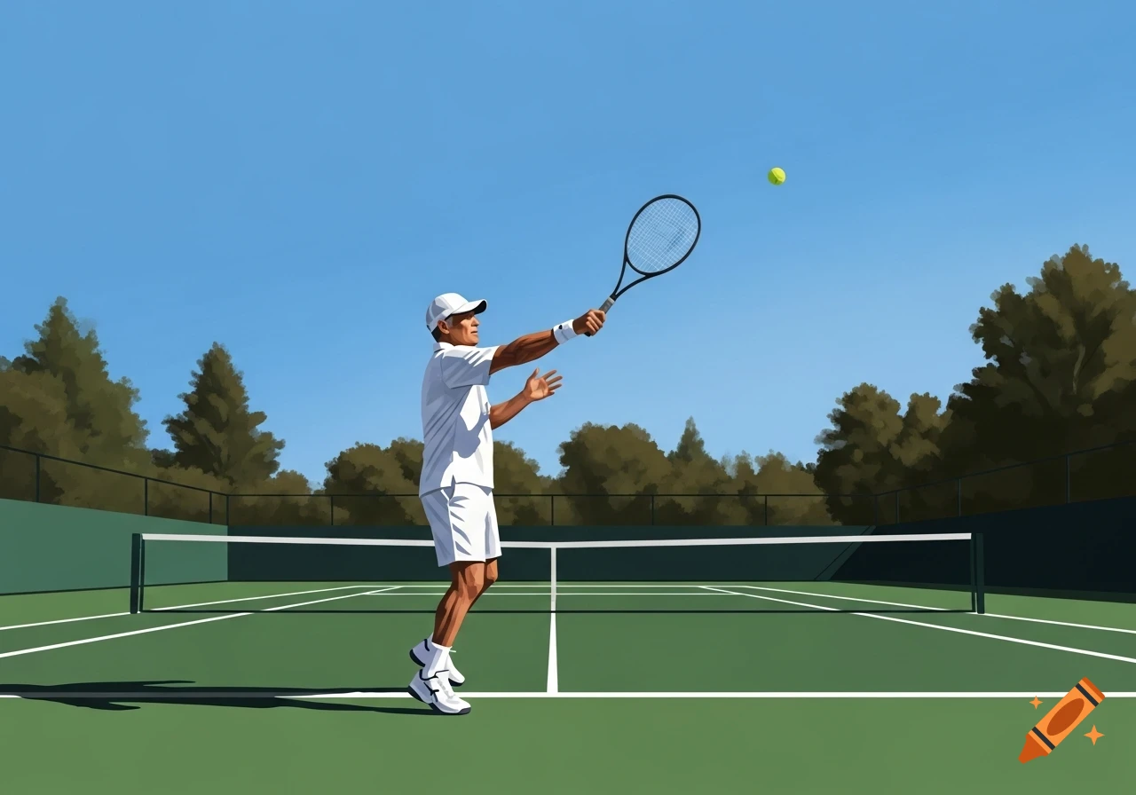 An illustration of a male tennis player in white attire hitting a tennis ball on a sunny green court with a blue sky.