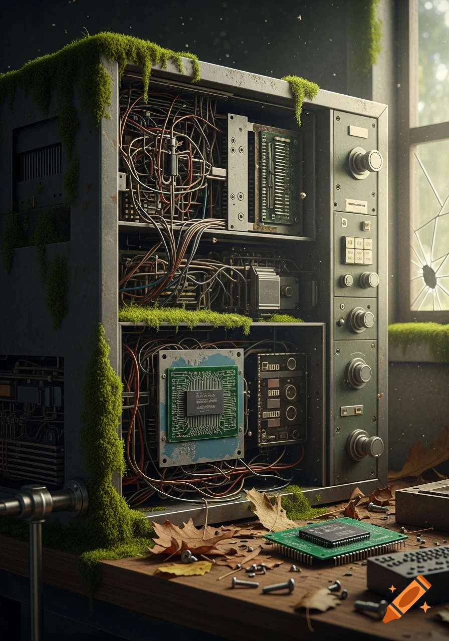Photorealistic image of a decaying, moss-covered computer server with exposed wires and circuit boards on a wooden desk.