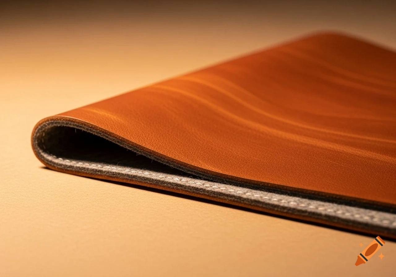 Close-up, side view of a cognac-colored leather surface folded over gray felt with visible white stitching.