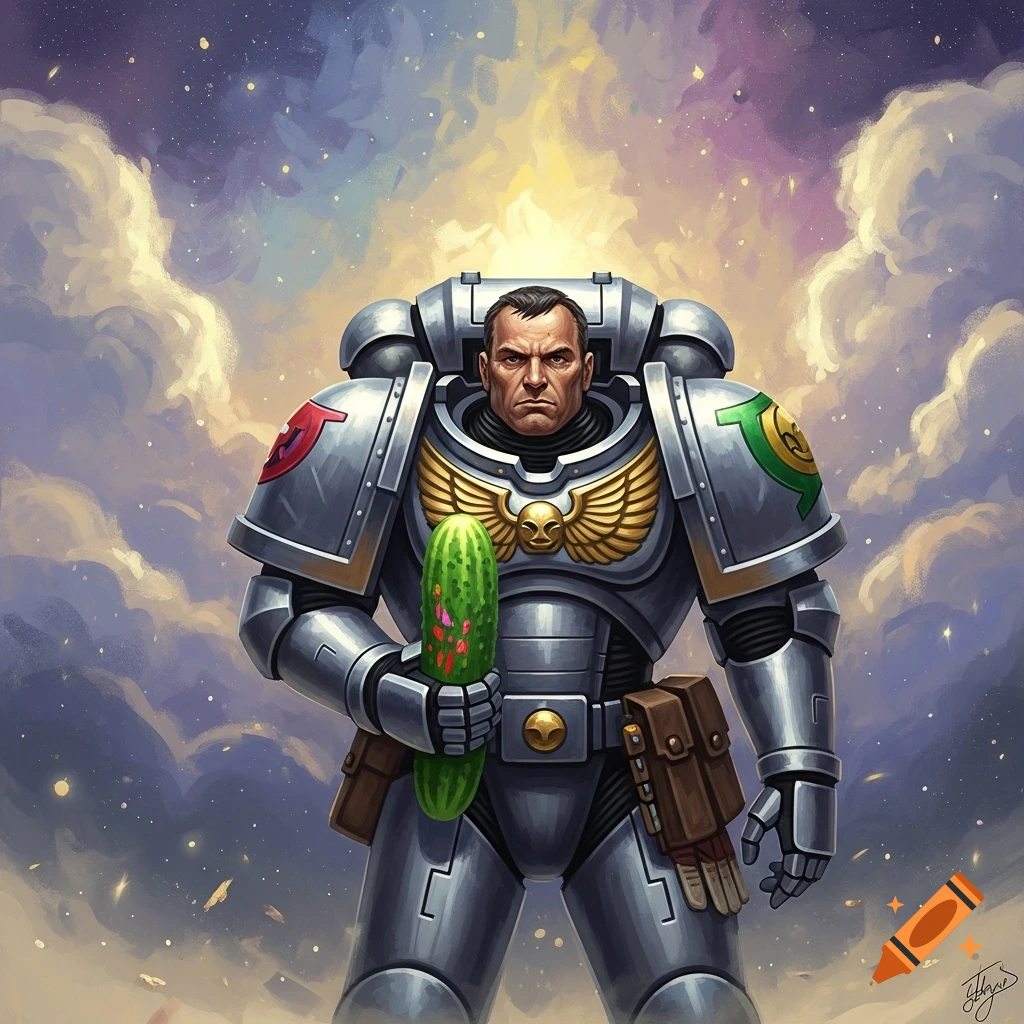 A solemn space marine in silver armor holds a cucumber against an impressionistic background of cosmic clouds.