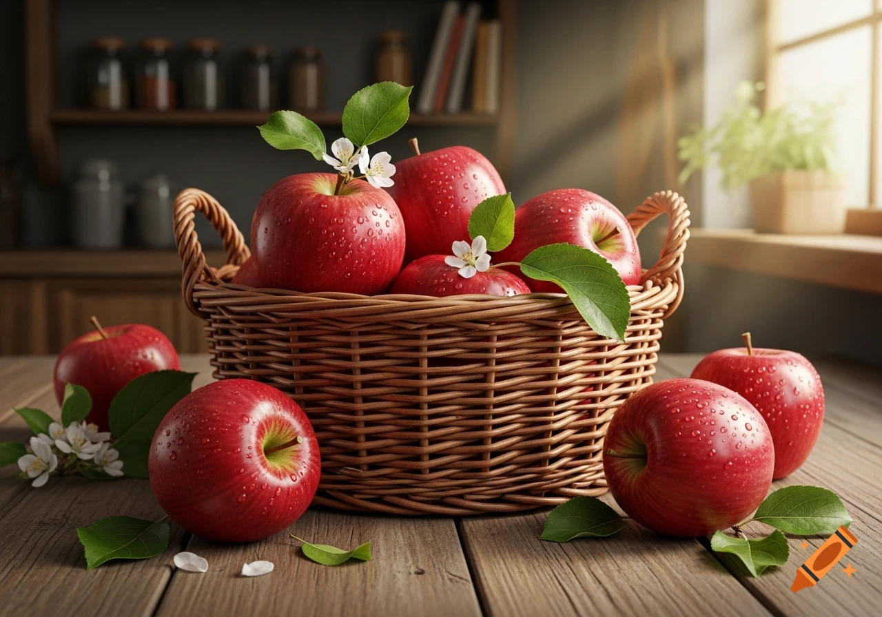 A rustic wooden table holds a woven basket overflowing with wet red apples, some with green leaves and white blossoms.