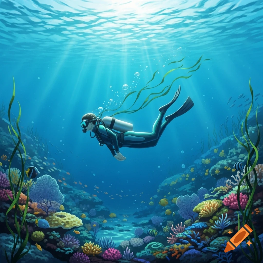 An illustration of a diver in a wetsuit with a scuba tank, swimming gracefully above a vibrant coral reef, with sunbeams piercing the clear blue water.