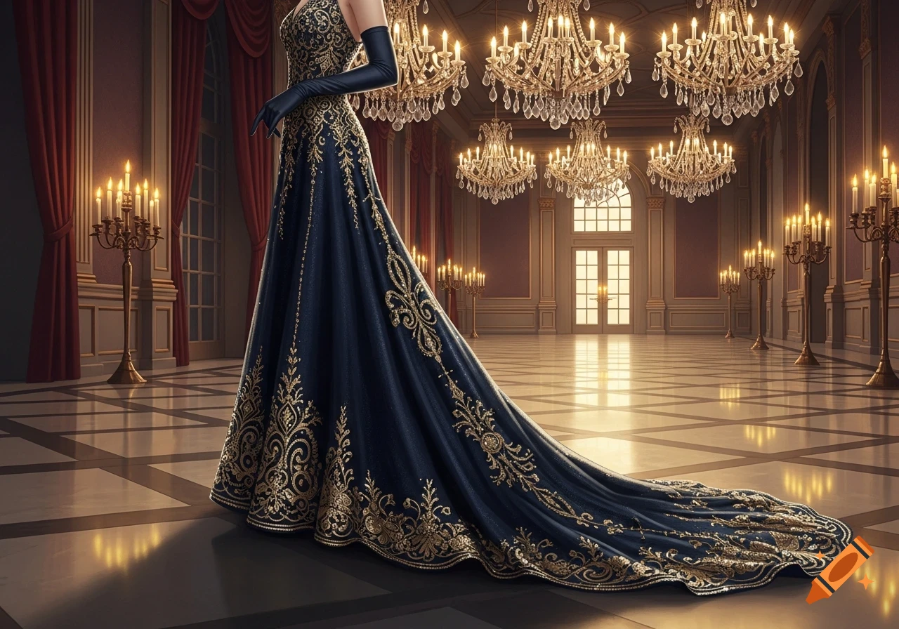 Woman in a flowing dark blue gown with golden embroidery standing in a grand ballroom with many chandeliers and candelabras.