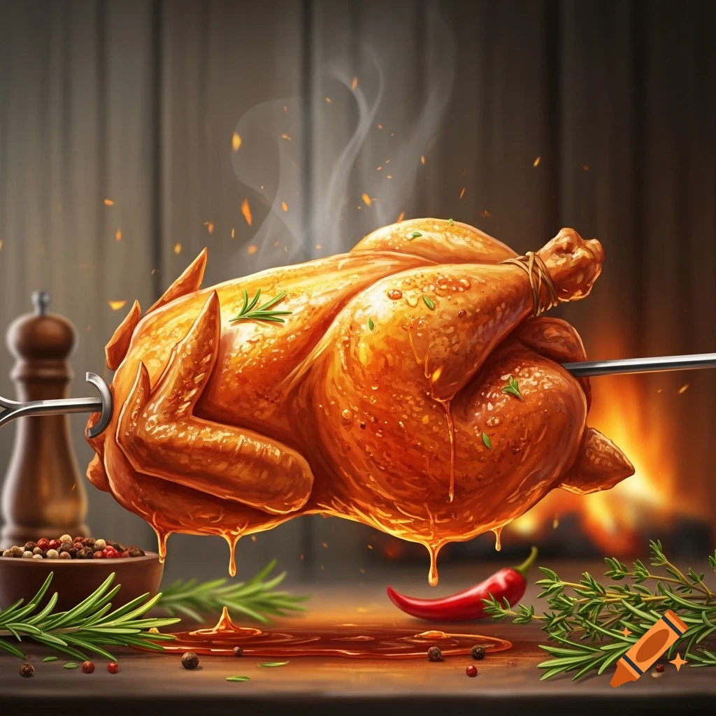 A glistening rotisserie chicken roasting on a spit over an open fire, surrounded by herbs and spices.