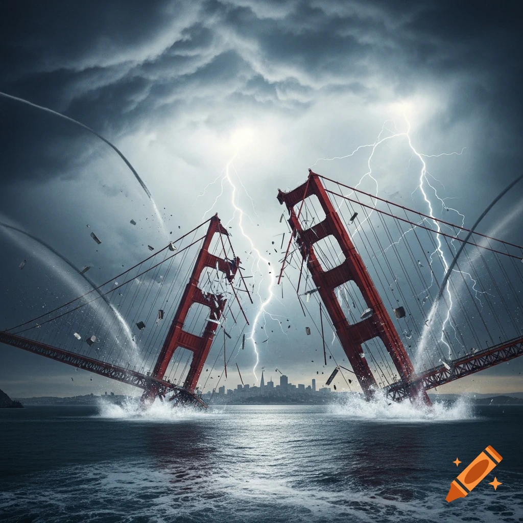 The Golden Gate Bridge collapsing into turbulent water under a stormy, lightning-filled sky.