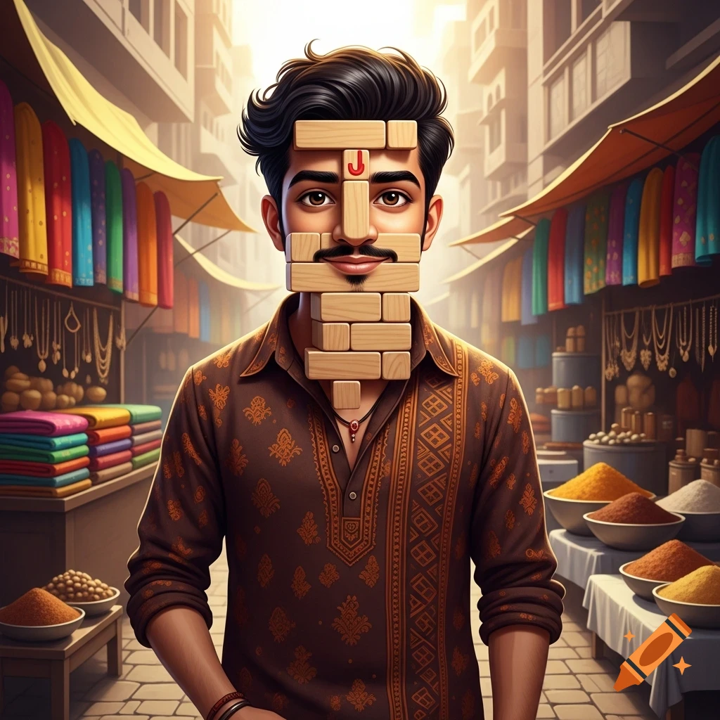 Stylized portrait of an Indian man with a face made of Jenga blocks, standing in a vibrant, bustling street market.