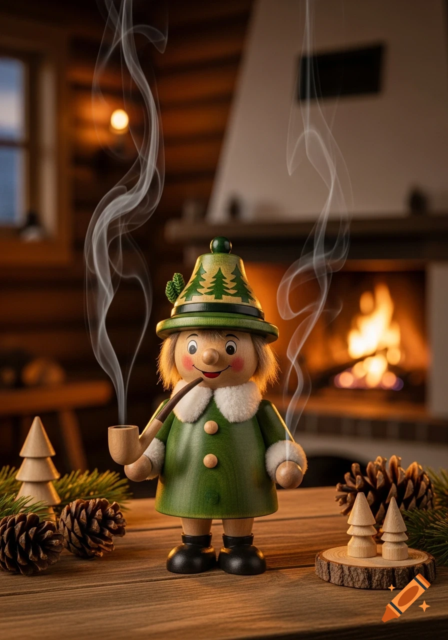 Photorealistic wooden Räuchermännchen figure in green, smoking a pipe on a rustic table with pinecones and tiny wooden trees, against a cozy fireplace background.