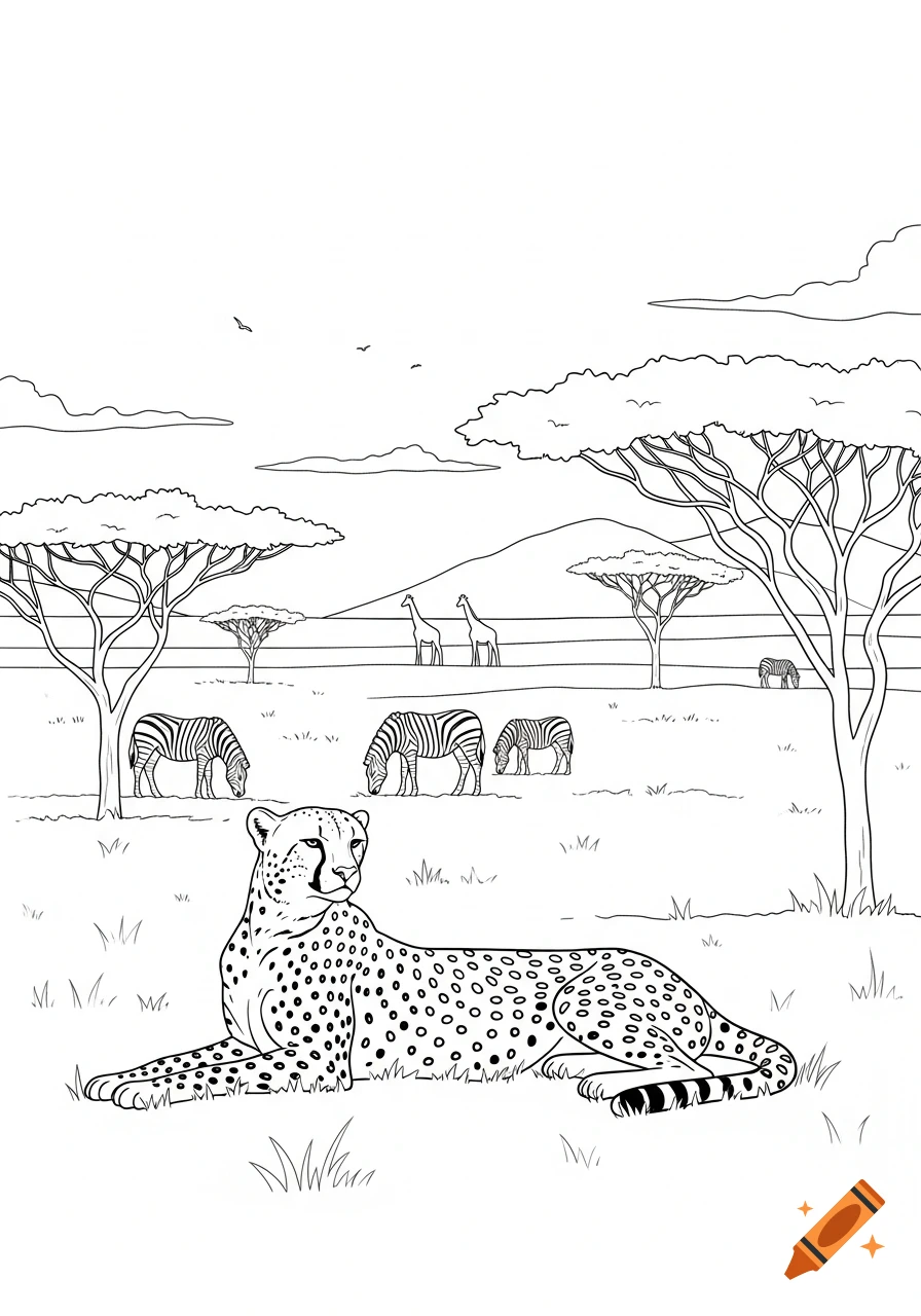 Line art coloring page of a cheetah resting in a savanna with zebras, giraffes, and acacia trees in the background.