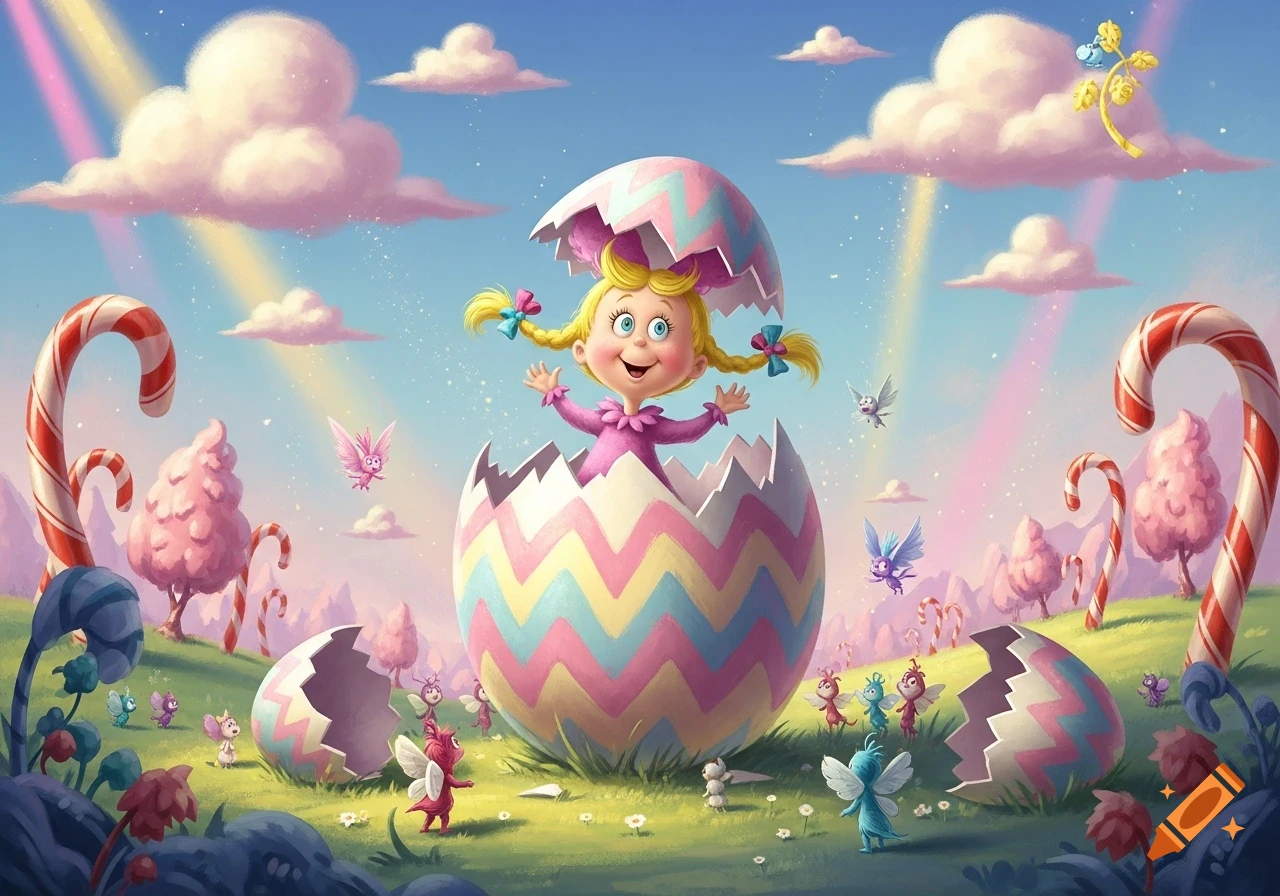 A cartoon girl with blonde pigtails and a pink dress smiles, emerging from a large patterned Easter egg. Tiny fairies and candy canes surround her in a whimsical, colorful landscape under a bright sky.