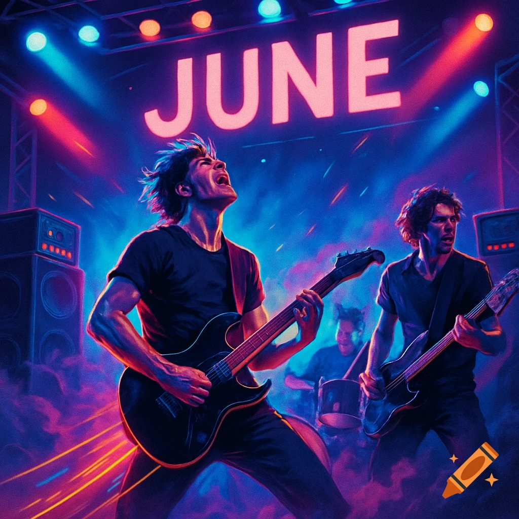 A vibrant, neon-lit illustration of a rock band performing on stage, with the word "JUNE" in bright pink letters above them.