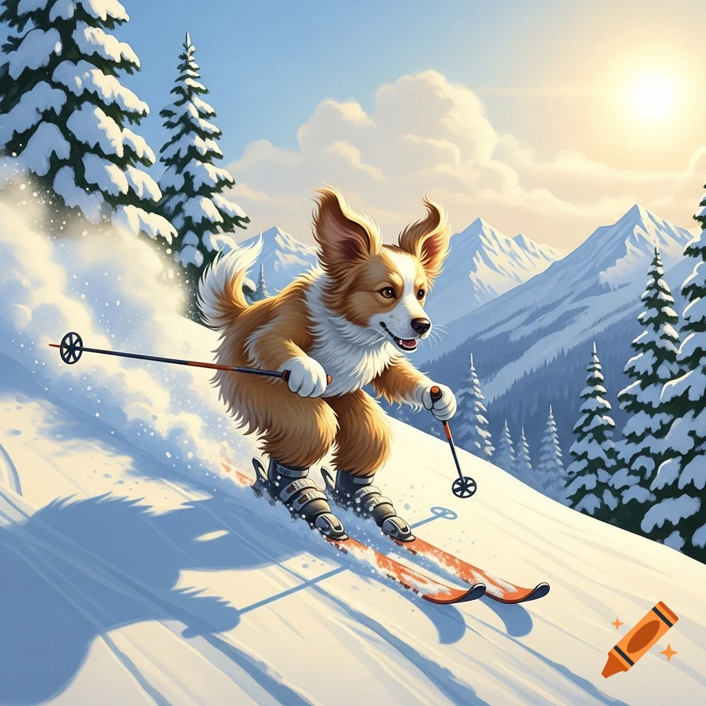A fluffy cartoon dog with big ears skis down a snowy mountain with evergreen trees and a bright sun in a blue sky.