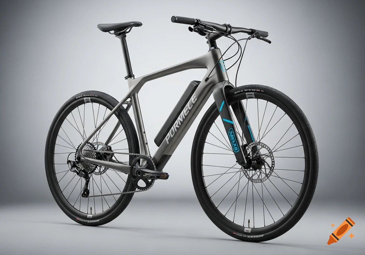 A sleek, modern gray e-bike with black and blue accents on a studio gray background, showcasing advanced features.