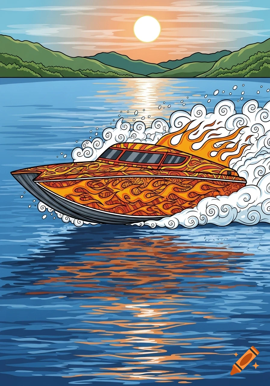 A zentangle-style illustration of a burning speedboat racing across a lake at sunset with mountains in the background.