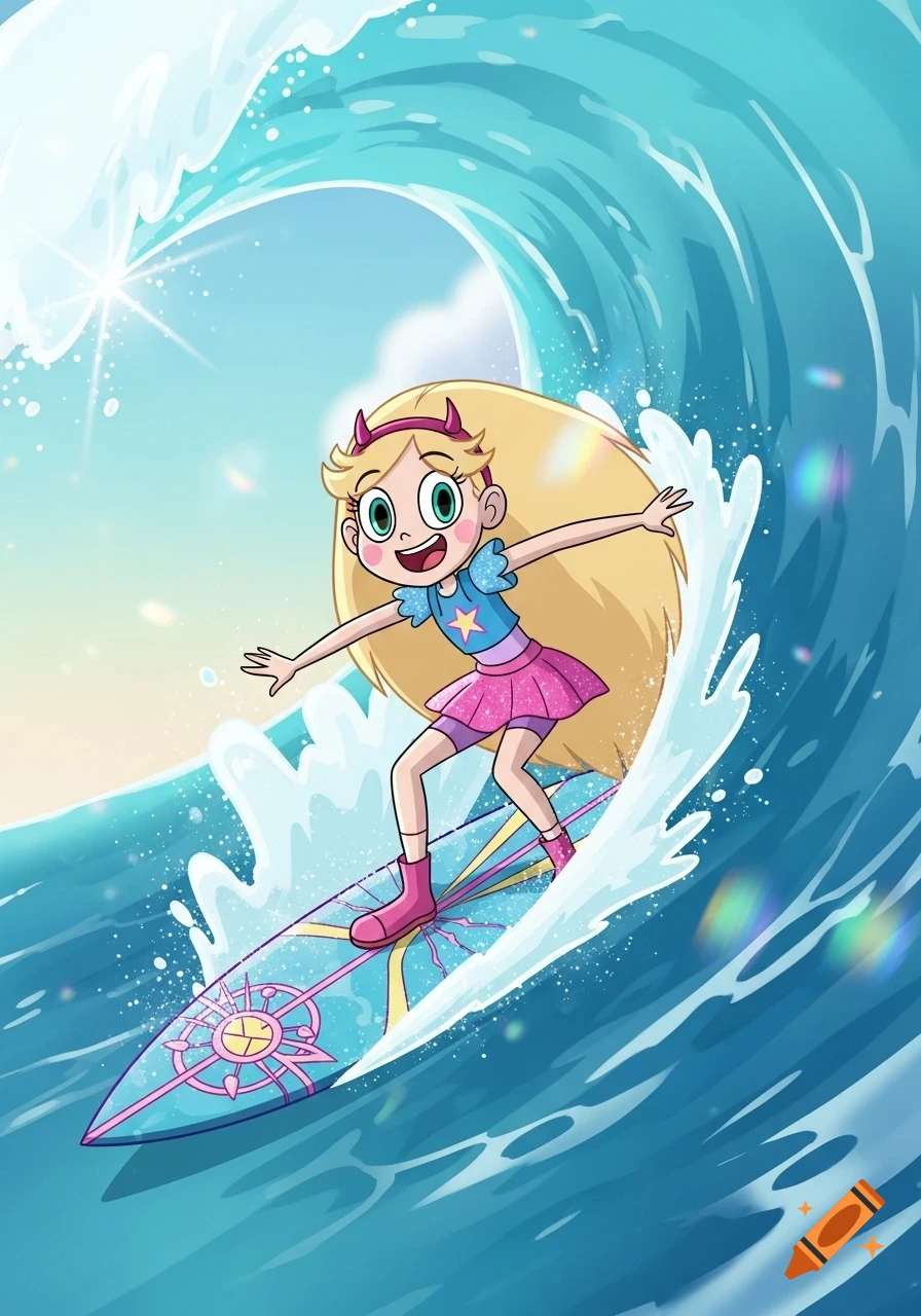 Star Butterfly, a blonde cartoon character with a devil horn headband, joyfully surfs a large blue wave on a decorated surfboard.