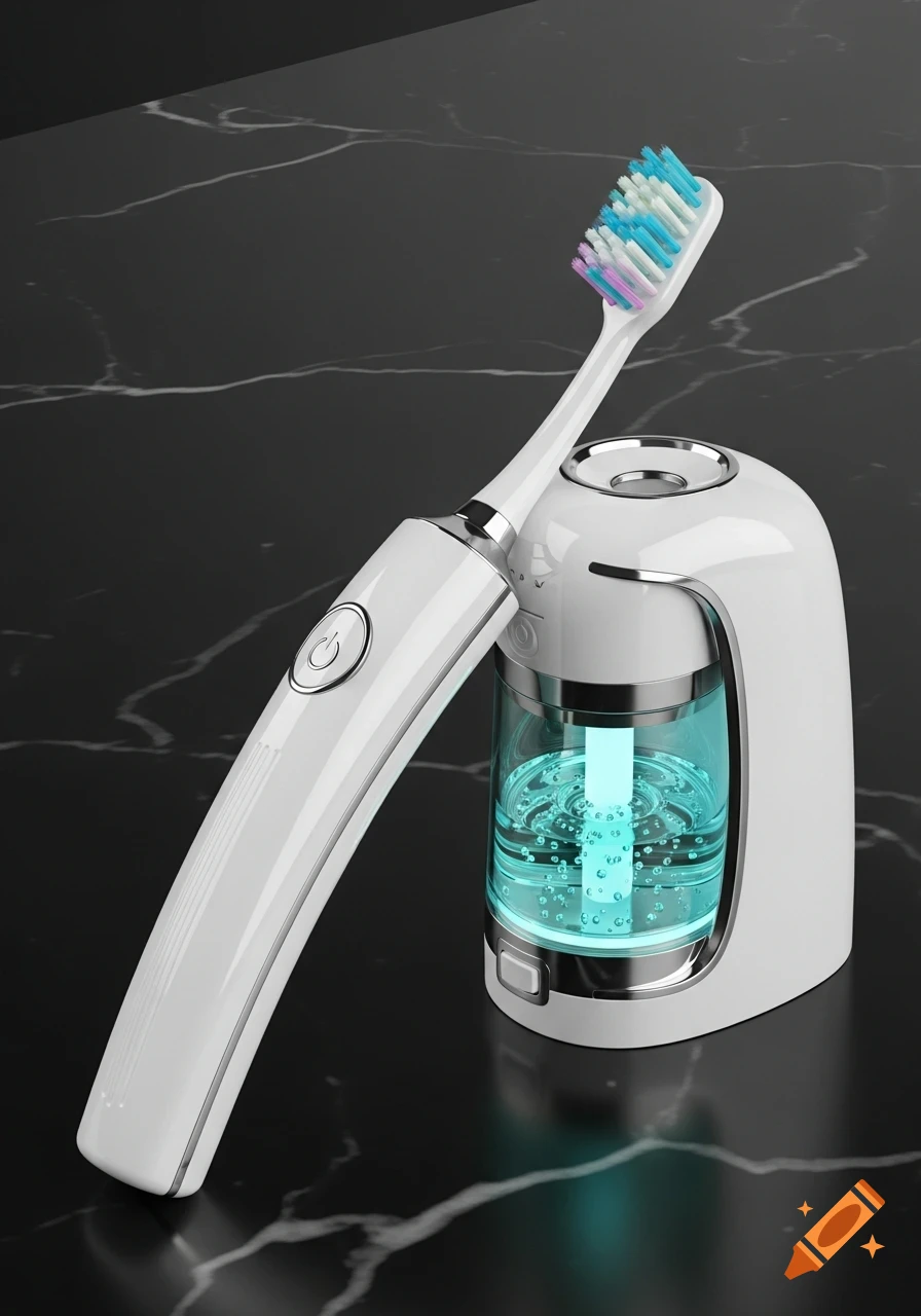 White electric toothbrush leaning on a sleek white and clear base with glowing blue liquid bubbles, on a dark marble surface.